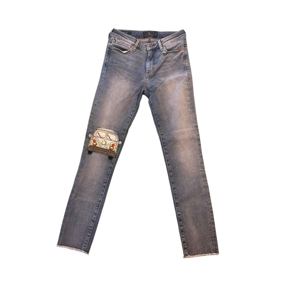 Lucky Brand Lolita Skinny Jeans 2/26 Blue VW Bus Patch Raw‎ Hem Denim